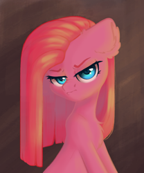Size: 900x1080 | Tagged: safe, artist:pollynia, pinkie pie, earth pony, pony, g4, angry, chest fluff, ear fluff, female, mare, pinkamena diane pie, pouting, simple background, sitting, solo