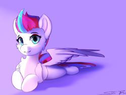 Size: 2940x2219 | Tagged: safe, artist:skitsroom, artist:tyleks, zipp storm, pegasus, pony, g5, adorazipp, cheek fluff, chest fluff, collaboration, cute, female, gradient background, high res, inviting, looking at you, lying down, mare, one wing out, prone, smiling, solo, three quarter view, wings