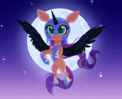 Size: 3673x3000 | Tagged: safe, artist:belka-sempai, nightmare moon, sunny starscout, earth pony, pony, g5, my little pony: tell your tale, nightmare night party, spoiler:g5, spoiler:my little pony: tell your tale, spoiler:tyts01e30, clothes, cosplay, costume, fake horn, fake wings, female, flying, high res, mane stripe sunny, mare, moon, nightmare moon armor, nightmare night costume, nightmare sunny, solo
