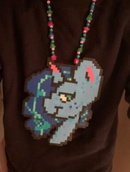 Size: 510x680 | Tagged: safe, artist:kreeeeeez, misty brightdawn, pony, unicorn, g5, beads, clothes, colored ears, colored horn, female, freckles, horn, irl, jewelry, mare, multicolored hair, necklace, no pupils, perler beads, photo, solo, twitter