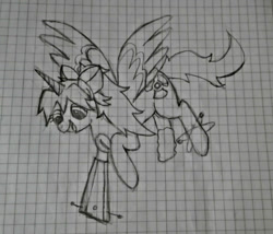 Size: 967x826 | Tagged: safe, artist:fantasytechnoworld, pony, crossover, doodle, female, graph paper, mare, monochrome, ponified, reiuji utsuho, solo, touhou, traditional art
