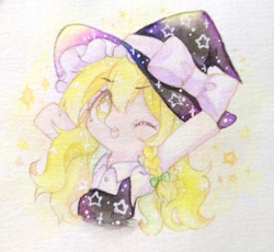 Size: 933x859 | Tagged: safe, artist:チエリー, pony, crossover, cute, female, hat, kirisame marisa, mare, ponified, solo, touhou, traditional art, witch, witch hat