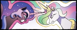 Size: 1334x525 | Tagged: safe, artist:tonyfleecs, idw, official comic, nightmare moon, princess celestia, alicorn, pony, fiendship is magic, g4, spoiler:comic, antagonist, crossed horns, duo, female, horn, horns are touching, mare