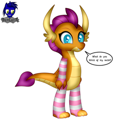 Size: 3840x4154 | Tagged: safe, alternate version, artist:damlanil, smolder, dragon, g4, arm warmers, clothes, comic, cute, dragon wings, dragoness, eyelashes, female, happy, horns, looking at you, show accurate, simple background, smiling, smolderbetes, socks, solo, speech bubble, standing, striped socks, text, transparent background, vector, wings