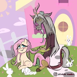 Size: 3000x3000 | Tagged: safe, artist:naquelinedelch2, idw, angel bunny, discord, fluttershy, draconequus, pegasus, pony, rabbit, g5, spoiler:g5comic, animal, blushing, discord's house, female, hairstyle, high res, instagram, male, old man discord, ship:discoshy, shipping, straight, wingless