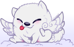 Size: 616x400 | Tagged: safe, artist:esmeia, cloudpuff, dog, flying pomeranian, pomeranian, g5, cloud, cloudbetes, cute, eyes closed, fluffy, male, scratching, solo, tongue out, winged dog, wings