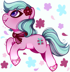 Size: 699x723 | Tagged: safe, artist:esmeia, dahlia, earth pony, pony, g5, abstract background, adordahlia, clothes, cute, female, flower, flower in hair, hoof polish, mare, scarf, solo