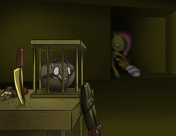 Size: 2280x1762 | Tagged: safe, artist:ciborgen, fluttershy, armadillo, pegasus, pony, .mov, shed.mov, g4, bipedal, bolt cutter, cage, chainsaw, female, fluttershed, hoof hold, knife, mare, pliers