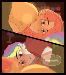 Size: 1175x1333 | Tagged: safe, artist:majestyyph, fluttershy, rainbow dash, human, equestria girls, g4, 2 panel comic, blushing, comic, eye clipping through hair, female, lesbian, lying down, ship:flutterdash, shipping