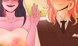 Size: 1963x1165 | Tagged: safe, artist:majestyph, artist:majestyyph, sci-twi, sunset shimmer, twilight sparkle, human, equestria girls, blushing, bouquet, clothes, dress, female, flower, jewelry, lesbian, marriage, necktie, ring, scitwishimmer, shipping, smiling, suit, sunsetsparkle, wedding, wedding dress, wedding ring
