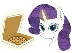 Size: 1746x1302 | Tagged: safe, artist:kusturbrick, rarity, pony, unicorn, g4, chest fluff, ear fluff, female, food, glowing, glowing horn, horn, lidded eyes, looking at you, magic, makeup, mare, meat, pepperoni, pepperoni pizza, pizza, simple background, smiling, smiling at you, solo, telekinesis, white background