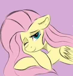 Size: 1745x1793 | Tagged: safe, artist:kusturbrick, fluttershy, pegasus, pony, g4, crossed hooves, ear fluff, female, folded wings, looking at you, lying down, mare, one eye closed, pink background, simple background, smiling, solo, wings, wink, winking at you