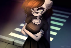 Size: 1600x1090 | Tagged: safe, artist:shavurrr, oc, oc only, oc:lodey darkshine, earth pony, anthro, breasts, clothes, complex background, crossed arms, dress, female, glasses, looking at you, solo, street