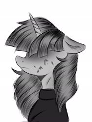 Size: 1536x2048 | Tagged: safe, artist:kusturbrick, twilight sparkle, pony, unicorn, g4, clothes, dead inside, discorded, discorded twilight, female, floppy ears, hair covering face, hidden eyes, horn, mare, meme, monochrome, sad, scratches, simple background, solo, tokyo ghoul, unicorn twilight, white background