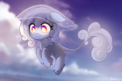 Size: 2400x1600 | Tagged: safe, artist:symbianl, oc, oc only, oc:silver sunset, cloud pony, pony, :3, cloud, cloud mane, cloud tail, cute, cute little fangs, fangs, floating, leonine tail, solo, tail, unshorn fetlocks, white pupils