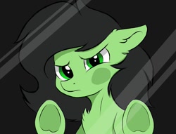Size: 1069x817 | Tagged: safe, artist:kusturbrick, oc, oc only, oc:filly anon, earth pony, pony, against glass, black background, breaking the fourth wall, chest fluff, dissatisfied, ear fluff, female, filly, floppy ears, fourth wall, glass, looking at you, mare, simple background, solo, underhoof