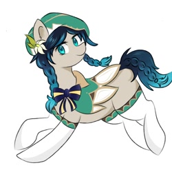 Size: 1000x1000 | Tagged: safe, artist:kusturbrick, earth pony, pony, anemo, bow, braid, clothes, costume, flower, flower in hair, game, genshin impact, hat, looking sideways, male, ponified, simple background, smiling, socks, solo, stallion, venti (genshin impact), white background