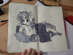 Size: 4000x3000 | Tagged: safe, artist:cutepencilcase, sunset shimmer, pony, unicorn, equestria girls, g4, blanket, coffee, female, high res, lying down, mare, pillow, prone, solo