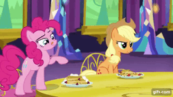 Size: 640x360 | Tagged: safe, screencap, applejack, pinkie pie, earth pony, pony, castle sweet castle, g4, season 5, animated, applejack's hat, blueberry, cowboy hat, duo, duo female, female, food, gif, gifs.com, hat, herbivore, mare, pancakes, pinkie being pinkie, plate, strawberry, table, twilight's castle