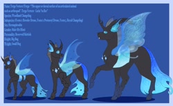 Size: 2048x1251 | Tagged: safe, artist:inisealga, oc, oc only, oc:terga vertere, changeling, pony, blue changeling, commission, insect wings, male, reference sheet, solo, stallion, wings