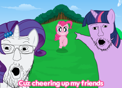 Size: 4500x3239 | Tagged: safe, artist:dersen, edit, pinkie pie, rarity, twilight sparkle, smile hd, g4, meme, moments before disaster, pointing, wojak