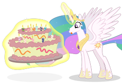 Size: 2896x1992 | Tagged: safe, artist:jp, derpibooru exclusive, princess celestia, alicorn, pony, mlp fim's twelfth anniversary, g4, anniversary, cake, cakelestia, candle, crown, cute, cutelestia, female, food, glowing, glowing horn, happy birthday mlp:fim, high res, hoof shoes, horn, jewelry, levitation, magic, regalia, simple background, slender, solo, spread wings, telekinesis, thin, this will end in weight gain, tongue out, transparent background, vector, wings