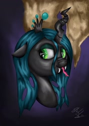 Size: 2480x3508 | Tagged: safe, artist:wolfcube333, queen chrysalis, changeling, changeling queen, pony, g4, :p, bust, fangs, female, high res, lidded eyes, solo, tongue out