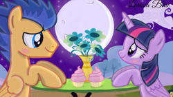 Size: 1280x720 | Tagged: safe, artist:mlplary6, flash sentry, twilight sparkle, alicorn, pegasus, pony, g4, blushing, boyfriend and girlfriend, cupcake, date, date night, female, flower, food, looking at each other, looking at someone, male, mare, moon, night, night sky, ship:flashlight, shipping, sky, smiling, smiling at each other, stallion, straight, table, this will end in wedding, twilight sparkle (alicorn)