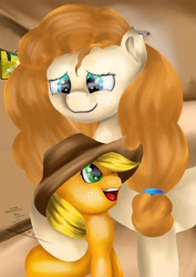 Size: 2480x3508 | Tagged: safe, artist:wolfcube333, applejack, pear butter, earth pony, pony, g4, applejack's hat, cowboy hat, duo, female, filly, filly applejack, foal, freckles, hat, high res, mare, mother and child, mother and daughter, one eye closed, open mouth, open smile, smiling, younger