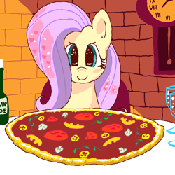 Size: 1000x1000 | Tagged: safe, artist:funkelpone, fluttershy, pegasus, pony, g4, alcohol, dinner, female, food, glass, looking at you, mare, pizza, smiling, solo, wine, wine glass