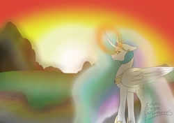 Size: 1700x1200 | Tagged: safe, artist:cosmicdragonkay, princess celestia, alicorn, pony, g4, crying, curved horn, depressedia, female, folded wings, glowing, glowing horn, horn, magic, mare, ponytober, sad, solo, sunset, wings