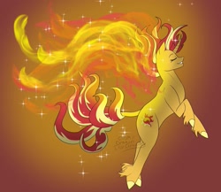 Size: 1301x1129 | Tagged: safe, artist:cosmicdragonkay, sunset shimmer, classical unicorn, pony, unicorn, g4, cloven hooves, curved horn, eyes closed, female, fiery shimmer, horn, leonine tail, mane of fire, solo, sunset phoenix, unshorn fetlocks