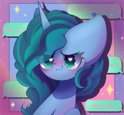 Size: 2250x2100 | Tagged: safe, artist:miryelis, misty brightdawn, pony, unicorn, g5, my little pony: make your mark, big ears, blushing, female, heart, heart eyes, high res, horn, impossibly large ears, looking at you, mare, message, shy, smiling, smiling at you, solo, text, wingding eyes