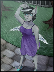 Size: 960x1280 | Tagged: safe, artist:cextraboy, oc, oc only, pegasus, anthro, plantigrade anthro, breasts, clothes, dress, female, flats, looking up, outdoors, pegasus oc, rain, shoes, short hair, solo, two toned mane