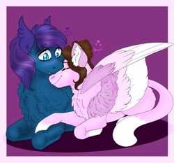 Size: 2048x1905 | Tagged: safe, artist:inisealga, oc, oc only, oc:ash tree, oc:stardust, bat pony, cat, cat pony, original species, pony, sphinx, chest fluff, colored wings, cuddling, duo, duo male and female, female, heart, male, mare, multicolored wings, neck fluff, nuzzling, oc x oc, shipping, sphinx oc, stallion, wing fluff, wings