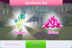 Size: 1257x852 | Tagged: safe, gameloft, sandbar, earth pony, pony, g4, my little pony: magic princess, bundle, costs real money, english, gem, green coat, green fur, green mane, green pony, green tail, handsome set, male, numbers, sale, solo, stallion, tail, teenager, text, treehouse of harmony