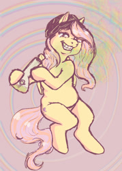Size: 914x1280 | Tagged: safe, artist:sluppydoodles, fluttershy, pegasus, pony, semi-anthro, g4, arm hooves, beanie, bong, drug use, drugs, female, flutterhigh, grin, hat, high, looking at you, mare, marijuana, smiling, solo