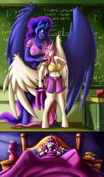 Size: 1038x1750 | Tagged: safe, artist:jamescorck, part of a set, princess celestia, princess luna, alicorn, anthro, unguligrade anthro, g4, age regression, alternate mane color, bad dream, bed, big breasts, breasts, busty princess celestia, busty princess luna, chalkboard, cleavage, clothes, college, duo, duo female, female, freckles, midriff, miniskirt, one wing out, open mouth, pink-mane celestia, pinpoint eyes, role reversal, school, school uniform, short shirt, skirt, smiling, underboob, waking up, wings