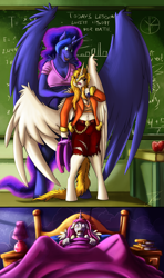 Size: 1038x1750 | Tagged: safe, alternate version, artist:jamescorck, part of a set, daybreaker, princess celestia, princess luna, oc, oc:dyx, alicorn, anthro, g4, age regression, alternate mane color, bad dream, bed, bedroom, belly button, breasts, busty dyx, busty princess luna, chalkboard, classroom, cleavage, clothes, college, female, floppy ears, freckles, introduction, messy mane, midriff, one wing out, open mouth, pink-mane celestia, pinpoint eyes, principal and student, role reversal, school, school uniform, siblings, sisters, skirt, smiling, torn clothes, waking up, wide eyes, wings