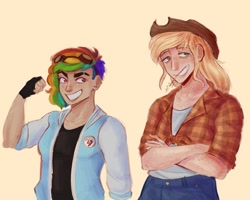 Size: 640x512 | Tagged: safe, artist:pierroid, applejack, rainbow dash, human, g4, applejack's hat, blue jeans, clothes, cowboy hat, cream background, crossed arms, cutie mark on clothes, duo, duo female, ear piercing, earring, female, fingerless gloves, gloves, goggles on head, hat, humanized, jacket, jewelry, no pupils, piercing, plaid shirt, reddit, scar, shirt, simple background, straw in mouth, varsity jacket