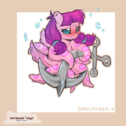 Size: 1200x1200 | Tagged: safe, artist:cold-blooded-twilight, lily longsocks, monster pony, octopony, original species, squid, g4, anchor, blushing, broken, bubble, female, filly, foal, frown, horizontal pupils, pigtails, sad, solo, species swap, tentacles, twintails, underwater, water