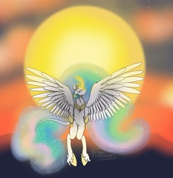 Size: 1305x1337 | Tagged: safe, artist:cosmicdragonkay, princess celestia, alicorn, classical unicorn, pony, g4, female, glowing, glowing horn, horn, jewelry, leonine tail, mare, raising the sun, regalia, solo, spread wings, sun, unshorn fetlocks, wings