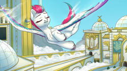 Size: 2000x1125 | Tagged: safe, artist:nika-rain, zipp storm, pegasus, pony, g5, belly, chest fluff, cloud, colored wings, commission, elevator, eyelashes, eyes closed, female, flying, mare, multicolored wings, outdoors, sketch, sky, solo, spread wings, unshorn fetlocks, wings, zephyr heights
