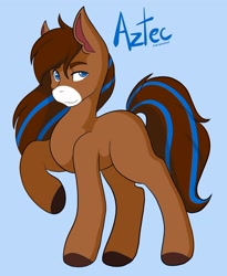 Size: 1322x1615 | Tagged: safe, artist:mscolorsplash, earth pony, pony, aztec (horseland), blue background, coat markings, crossover, facial markings, horseland, male, ponified, raised hoof, simple background, snip (coat marking), solo, stallion