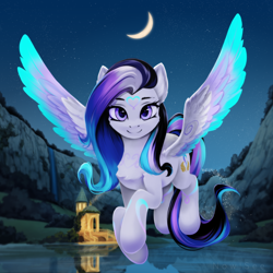 Size: 2500x2500 | Tagged: safe, artist:inowiseei, oc, oc only, pegasus, pony, building, canyon, colored wings, crescent moon, female, gazebo, high res, lake, looking at you, mare, moon, multicolored wings, night, night sky, pegasus oc, sky, smiling, solo, water, waterfall, wings