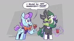 Size: 1803x1014 | Tagged: safe, artist:kyssimmee, gusty, wind whistler, pegasus, pony, unicorn, g1, apple, bowtie, candy apple, clothes, costume, cup, dialogue, duo, female, food, frankenstein's monster, halloween, halloween costume, levitation, magic, mare, pedantic, speech bubble, telekinesis, unamused, wing hands, wings