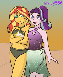 Size: 1789x2196 | Tagged: safe, artist:hayley566, starlight glimmer, sunset shimmer, human, equestria girls, g4, bare shoulders, beach, beach shorts swimsuit, belly button, bikini, breasts, cleavage, clothes, crossed arms, duo, female, lesbian, sarong, ship:shimmerglimmer, shipping, sleeveless, sunset, sunset shimmer's beach shorts swimsuit, swimsuit