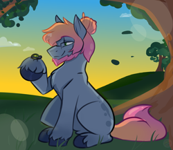 Size: 1500x1300 | Tagged: safe, artist:kardevour, oc, oc only, oc:junup, beetle, insect, pony, gift art, glasses, grass, leaves, ponytail, sitting, smiling, solo, sunset, tree