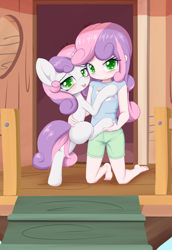 Size: 2200x3200 | Tagged: safe, artist:an-m, sweetie belle, human, pony, unicorn, g4, :p, barefoot, blushing, clothes, duo, feet, female, filly, foal, high res, holding, human paradox, human ponidox, humanized, self paradox, self ponidox, shorts, tongue out, treehouse