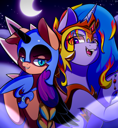 Size: 2772x3000 | Tagged: safe, artist:alexsc112, daybreaker, izzy moonbow, nightmare moon, sunny starscout, earth pony, pony, unicorn, mlp fim's twelfth anniversary, g5, my little pony: tell your tale, nightmare night party, spoiler:g5, spoiler:my little pony: tell your tale, spoiler:tyts01e30, blue eyes, blue mane, clothes, cosplay, costume, daybreaker armor, digital art, duo, fangs, female, gem, halloween, halloween costume, helmet, high res, holiday, hoof shoes, horn, izzybreaker, looking at you, mane stripe sunny, mare, moon, moonlight, night, nightmare moon armor, nightmare night, nightmare night costume, nightmare sunny, open mouth, peytral, purple eyes, raised hoof, sky, slender, smiling, spread wings, thin, wings